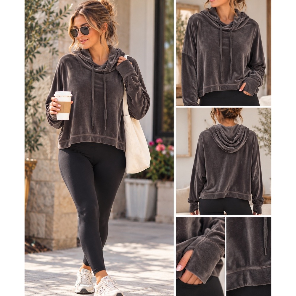 OFFLINE by Aerie Womens Velour Cropped Hoodie Dark Gray Charcoal Size L